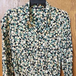 Zara Boho Black Floral Printed Button Down Long Sleeve Maxi Dress Size Large